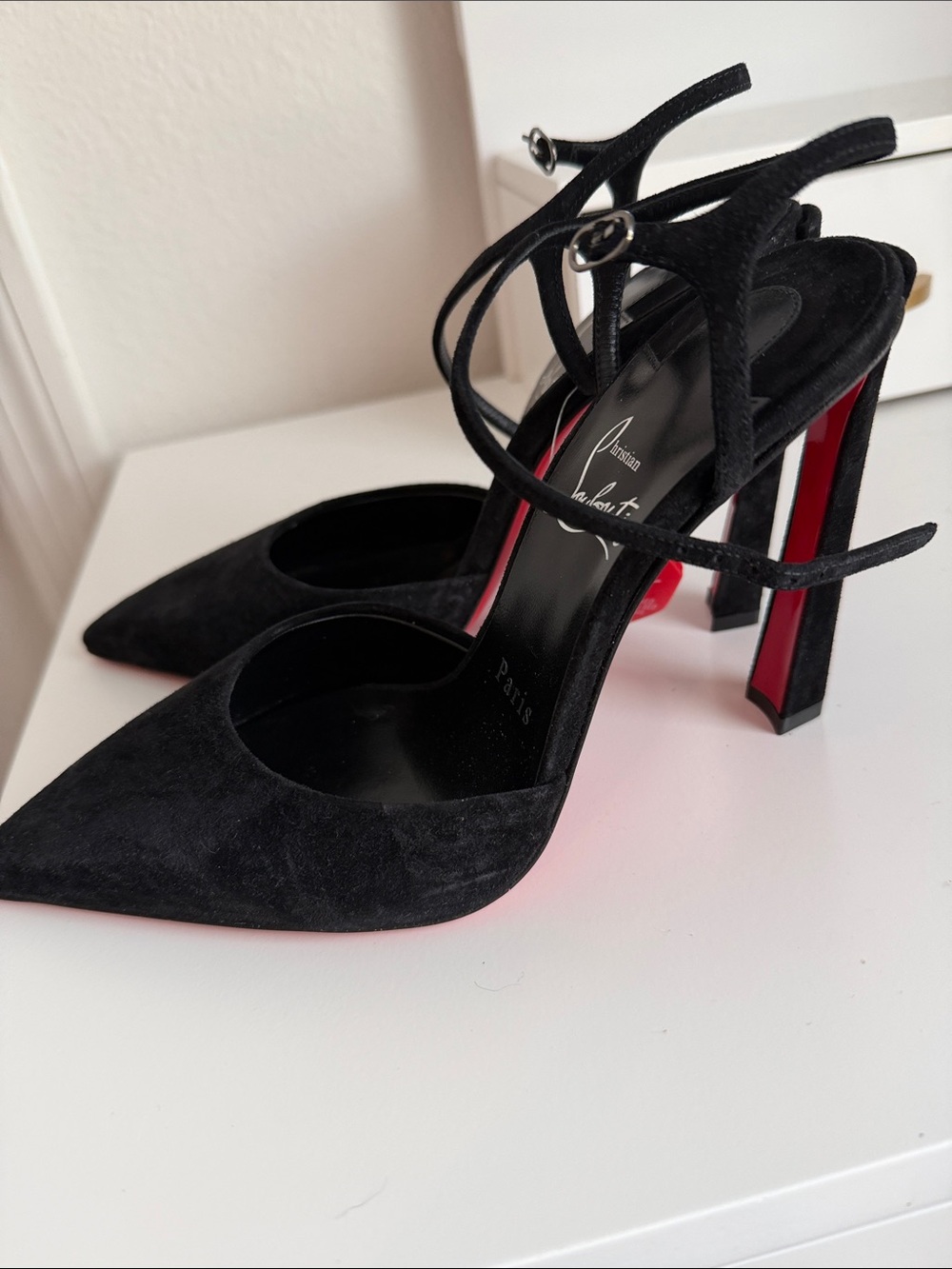 Christian Louboutin Black Suede Pointed Toe Ankle-Strap Pumps with Red Sole - Picture 2 of 5